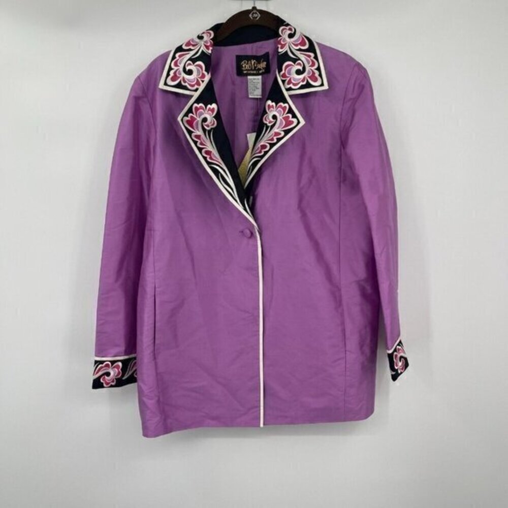 Bob Mackie Womens Blazer Small Purple Embroidered Silk Button Front Classic Art